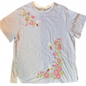 Large Blue embroidered hummingbird, butterfly and floral tee with rhinestons